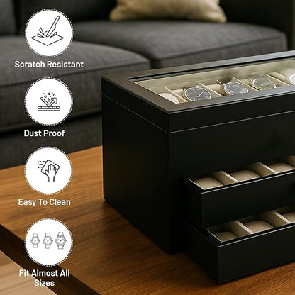 Bey-Berk Duke Matte Black Wood Watch Box – 36-Slot Organizer with Glass Top, 2 Drawers & Velour Lining