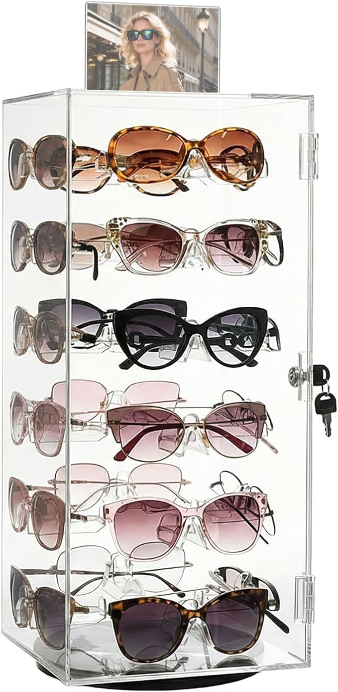 Colingmill Acrylic Lockable Rotating Sunglasses Display Case Acrylic Sunglasses Display Stand Eyewear Organizer Case with Sign Holder, Holds up to 24 Pairs of Glasses