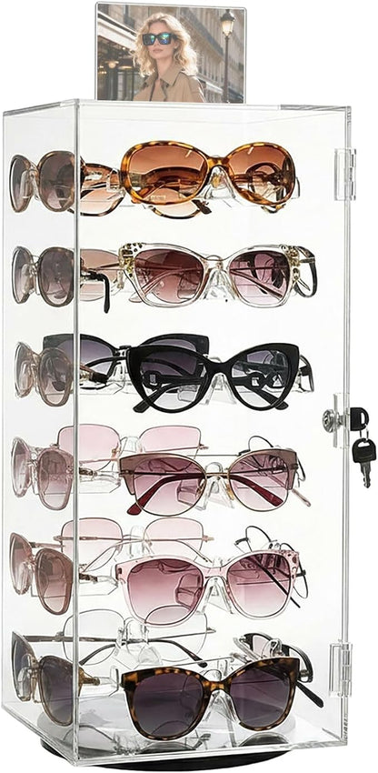 Colingmill Acrylic Lockable Rotating Sunglasses Display Case Acrylic Sunglasses Display Stand Eyewear Organizer Case with Sign Holder, Holds up to 24 Pairs of Glasses