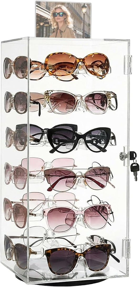 Colingmill Acrylic Lockable Rotating Sunglasses Display Case Acrylic Sunglasses Display Stand Eyewear Organizer Case with Sign Holder, Holds up to 24 Pairs of Glasses