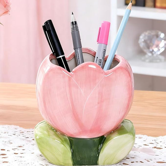 Cute Pen Holder for Desk Pink Vase Decor Aesthetic Toothbrush Holder Pencil Holder for Office Makeup Brush Holder Kawaii Desk Accessories Tulips Home Decor Birthday Gifts for Women