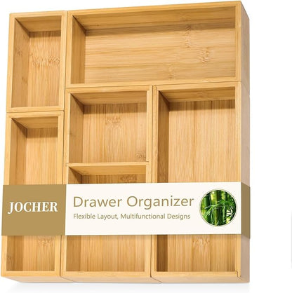 5 PCS Bamboo Drawer Organizer, Multi-Use Wooden Drawer Organizer, Junk Drawer Organizer Kitchen for Bathroom, Makeup Desk, Office Desk, Jewelry, Utensils, Tea Drawer