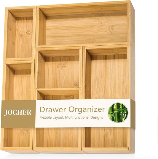 5 PCS Bamboo Drawer Organizer, Multi-Use Wooden Drawer Organizer, Junk Drawer Organizer Kitchen for Bathroom, Makeup Desk, Office Desk, Jewelry, Utensils, Tea Drawer