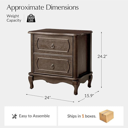 HULALA HOME Nightstand with 2 Drawers of Sculpted Drawer Front, French End Table with Curved Tabletop, Vintage Night Stand with Charging Station, Solid Wood Legs(Walnut)