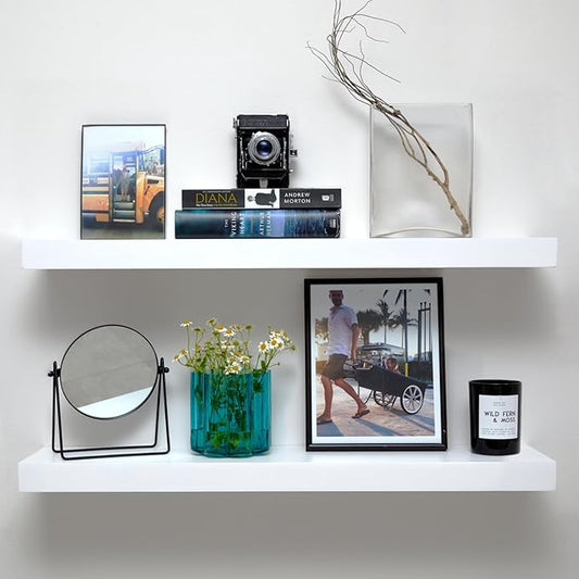 Homeforia White Floating Shelves 30 inch, High End Solid Real Wood 30inch Floating Shelf for Wall Mounted, White Wooden 30in Long Floating Shelves, Heavy Duty Bracket, 30 X 6.5 X 1.75 inches, Set of 4