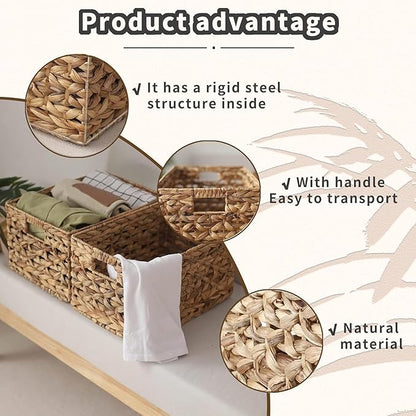 GYASVWU Rectangular Water Hyacinth Storage Basket, Wicker Baskets for Organizing,Hyacinth Baskets with Handle, Decorative Rattan Basket for Bathroom/Bedroom/Shelves/Living Room (Large)