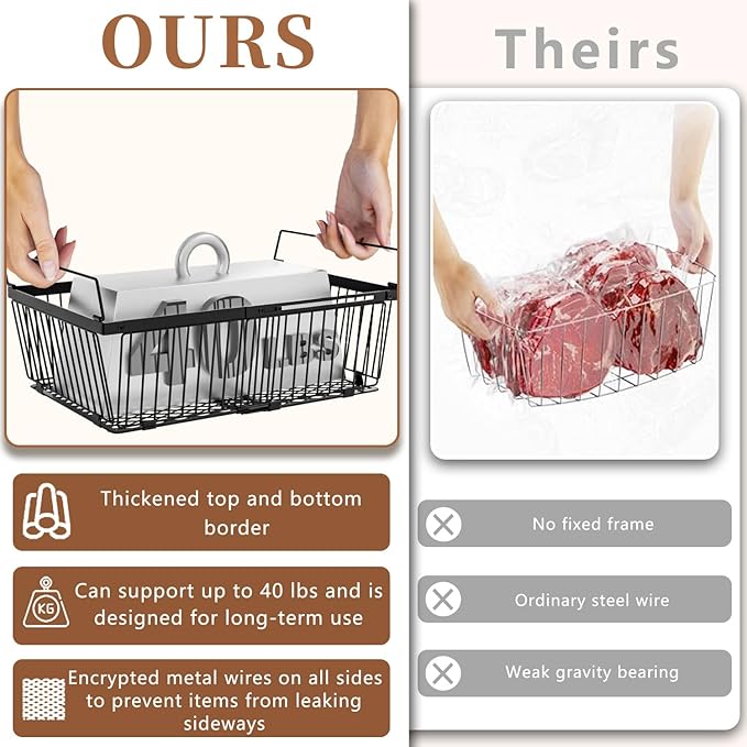 ANJUBAN Large Freezer Organizer Bins，Upgraded Bottom Leak-Proof net，2 Pack， Expandable Stackable Chest Freezer Containers with Handle，for Fridge, Deep Freezer, Cabinet, Kitchen, Pantry (Black-6Pack)