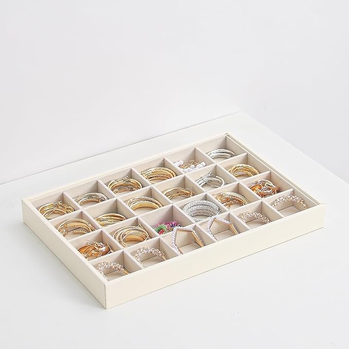 Stackable Jewelry Organizer Tray For Drawers,White Leather Small Earring Storage Tray,Bracelet And Necklace Display Box,Jewelry Ring Display Case (Creamy White 24 Grids)