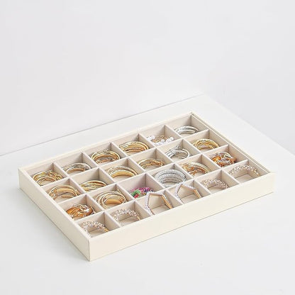 Stackable Jewelry Organizer Tray For Drawers,White Leather Small Earring Storage Tray,Bracelet And Necklace Display Box,Jewelry Ring Display Case (Creamy White 24 Grids)