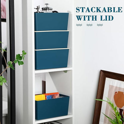 Menkxi 4 Pcs Storage Bins with Lids Plastic Stackable Containers for Organizing Shelves Christmas Ornament Box Baskets(Blue,Large)