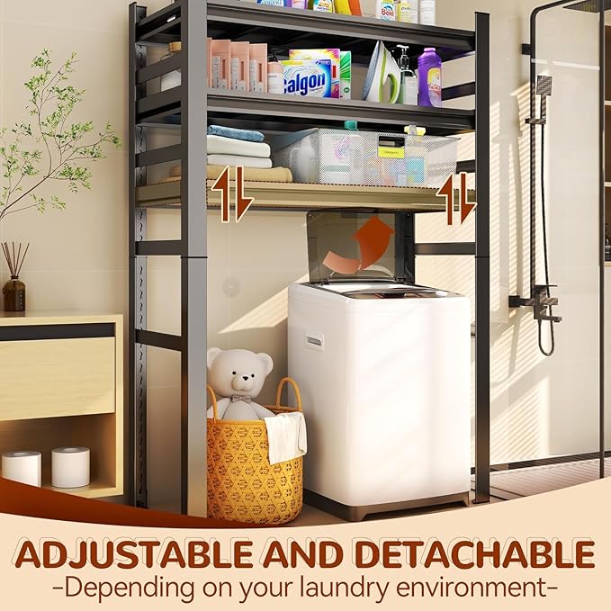 Over Washer and Dryer Shelves, 4 Tiers Adjustable Height Laundry Room Storage and Organizer Standing Shelf, Metal Freestanding Space Saving Organizers Shelf (4-Tier 63" H*35.4" W*17.7" D)