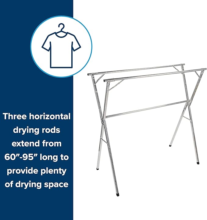 Camco Portable Clothes Drying Rack | Features 3 Horizontal Drying Rods | Extend from 60-inches to 95-inches Long to Provide Plenty of Drying Space | Light Weight Stainless Steel (51339)