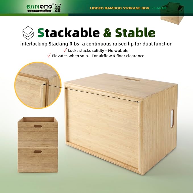 Large 14.6”x10.2”x9.6” Lidded Bamboo Storage Bins - Stackable with Handles, Box/Cube/Basket for Home Kitchen Office, Organize Tableware Toys Crafts Books