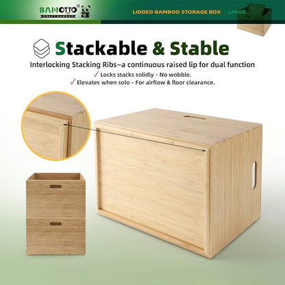 Large 14.6”x10.2”x9.6” Lidded Bamboo Storage Bins - Stackable with Handles, Box/Cube/Basket for Home Kitchen Office, Organize Tableware Toys Crafts Books