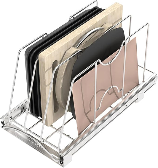 STORKING Pull Out Cookie Sheet Organizer for Cabinet, Pan and Pot, Cutting Board, Bakeware, Tray Organizer Rack, Sliding Rack- Heavy Duty, Adjustable Divider Width, 10" W x 22" D x 11" H, Chrome