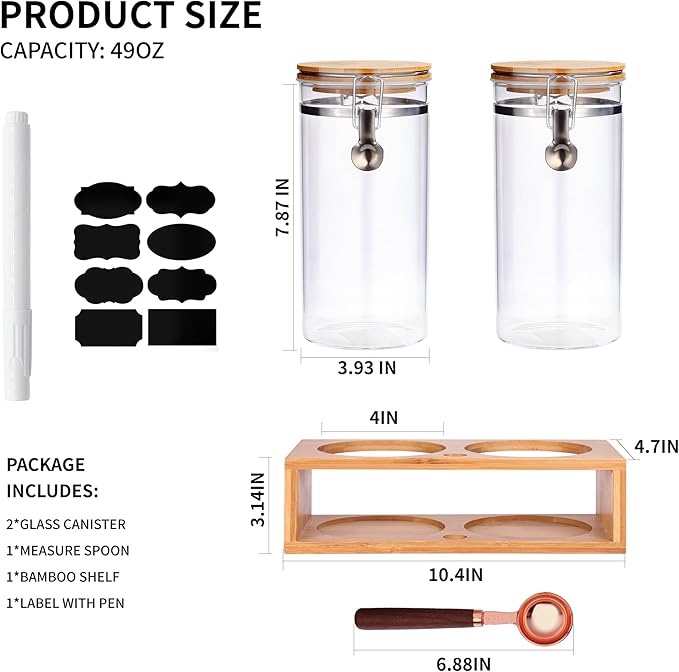Glass Coffee Storage Container with Bamboo Shelf, 2PCS 49oz Airtight Sealed Coffee Bean Jar with Clamp Lid & Measuring Spoon, Kitchen Pantry Canister Set for Ground Coffee Sugar Tea Flour