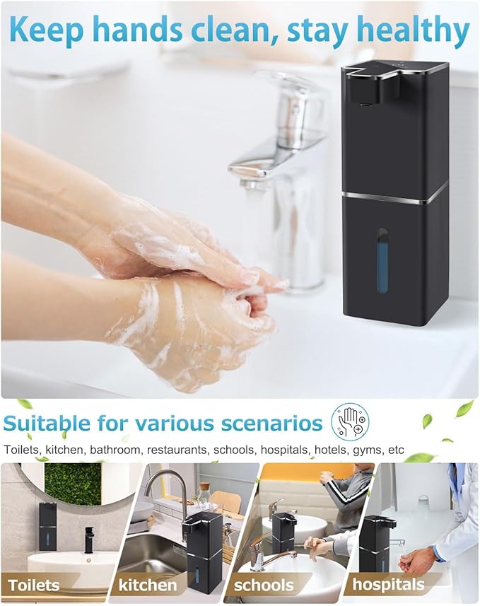 JEMISUN Automatic Liquid Soap Dispenser Touchless Soap Dispenser 380ml/12.8oz Rechargeable, Wall Mounted,4 Levels Adjustable Auto Soap Pump for Bathroom Kitchen Dish Soap
