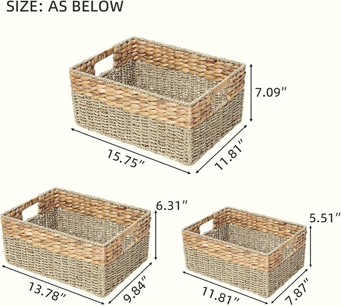 YAHUAN Natural Water Hyacinth & Seagrass Woven Storage Baskets – Wicker Storage Basket Organizer Bins with Handles for Home & Office Pantry Shelf (Set of 3)