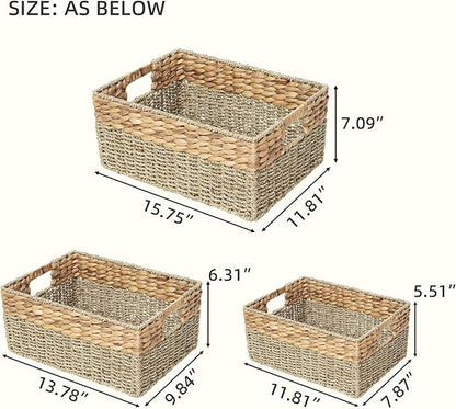 YAHUAN Natural Water Hyacinth & Seagrass Woven Storage Baskets – Wicker Storage Basket Organizer Bins with Handles for Home & Office Pantry Shelf (Set of 3)
