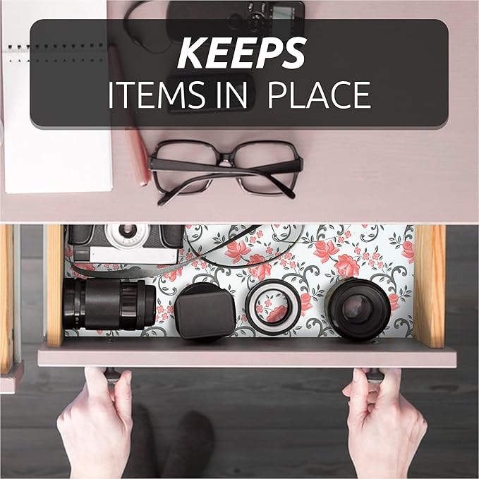 FIFTY FEET 18X96 Inch Shelf Liner for Kitchen Cabinets, PVC Drawer Liner for Dresser Non-Slip Bathroom, Non-Adhesive Cabinet Liner Washable (Red Floral)(7 Roll)