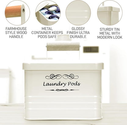 ElitaPro Modern Farmhouse Laundry Pods Container with Lid for Laundry Room Décor & Accessories, Laundry Room Organization (Ivory)