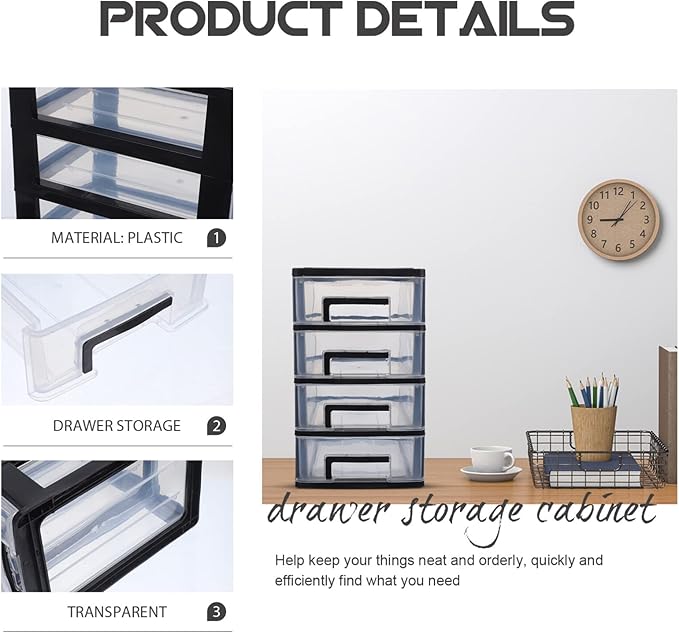 4-Drawer Plastic Storage Cabinet Organizer Clear Stackable Storage Drawers for Desk Closet Office Craft Room and Pantry Compact 9.8 X 5.9 X 9.8 Inches