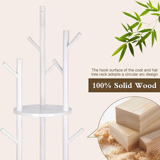 Wood Coat Rack with 3 Shelves and 9 Hooks, Freestanding Rotary Coat Tree for Entryway, Bedroom, Living Room, Hallway – Holds Jackets, Coats, Hats, Bags (White)