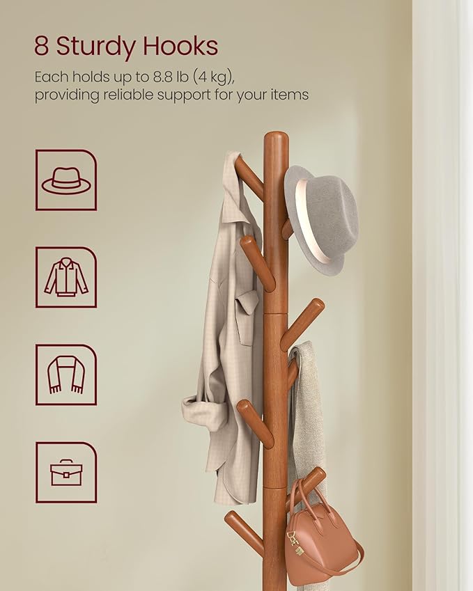 VASAGLE Coat Rack, Free Standing Coat Stand, Hall Coat Tree with 8 Hooks and Storage Shelf, 69.2 Inch Tall, for Coats, Hats, Bags, for Entryway, Hallway, Bedroom, Caramel Brown URCR033K01