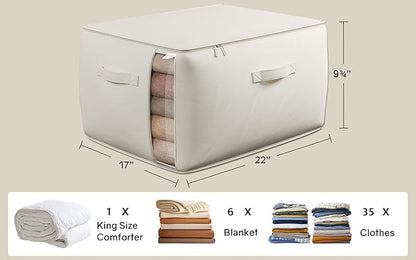 TomVista Large Canvas Clothes Storage Bags with Thick Handles and Clear Window, Foldable Cotton Linen Underbed Closet Organizer for Clothing, Blankets and Bedding, 60L, 3 Pack, Beige