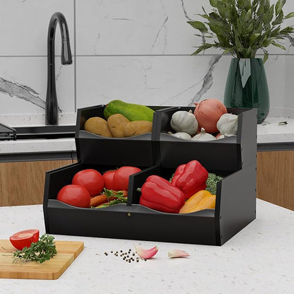 3 Set Bamboo Pantry Organizers and Storage, Open Front Vegetable Fruit Seasonings Stackable Storage Bins, Rustic Stacking Storage Bins for Pantry, Office, Bedroom, Kitchen Counter Organizer (Black)