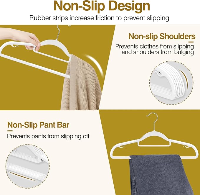 UEAKPIC Plastic Hangers 50 Pack, 16.5 in Heavy Duty Clothes Hangers with 360° Swivel Hook, Non-Slip Bar & 0.2" Ultra-Slim Space-Saving Closet Organizers for Coats, Pants, Suits, Shirts, White