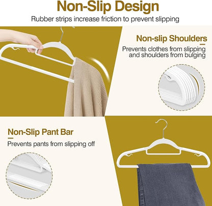 UEAKPIC Plastic Hangers 50 Pack, 16.5 in Heavy Duty Clothes Hangers with 360° Swivel Hook, Non-Slip Bar & 0.2" Ultra-Slim Space-Saving Closet Organizers for Coats, Pants, Suits, Shirts, White