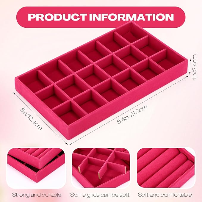 Landical 16 Pcs Jewelry Tray Velvet Stackable Jewelry Organizer Trays Drawer with Divider Earring Ring Necklace Display (Hot Pink)