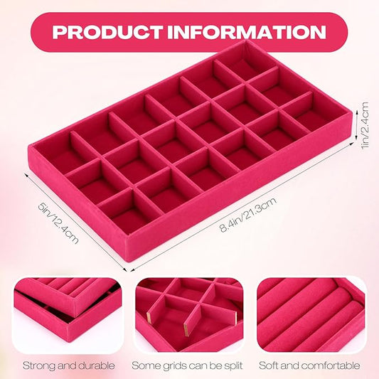 Landical 16 Pcs Jewelry Tray Velvet Stackable Jewelry Organizer Trays Drawer with Divider Earring Ring Necklace Display (Hot Pink)