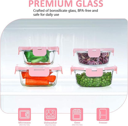 KOMUEE 24 Pieces Glass Food Storage Containers Set, Meal Prep Containers-Stackable Airtight Glass Storage Containers with lids,Freezer, Microwave, Oven Safe,Pink
