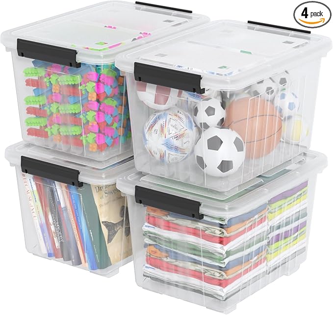 Kiddream 50 Quarts Clear Plastic Latching Boxes with Wheels, Large Storage Bins with Lids Set of 4