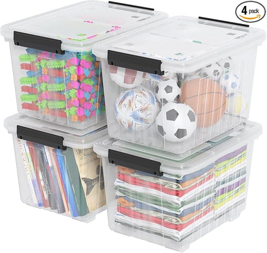 Kiddream 50 Quarts Clear Plastic Latching Boxes with Wheels, Large Storage Bins with Lids Set of 4