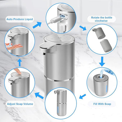 Automatic Foaming Soap Dispenser - Hand Free Pump Touchless Soap Dispenser USB Rechargeable Dispenser with 380ml, 4levels Adjustable Dispenser for Bathroom Kitchen
