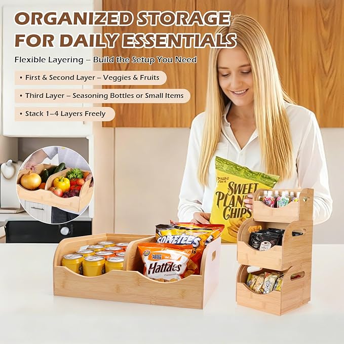 Bamboo Pantry Storage Bins – Potato & Onion Organizer, 3 Tier Stackable with Ventilated Design & Handles for Fruits, Vegetables, Kitchen Countertop, Pantry & Living Room