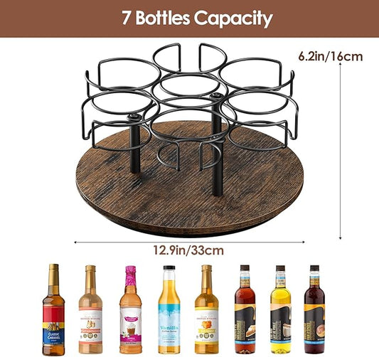 Rotating Coffee Syrup Organizer, 7 Bottles Coffee Syrup Rack for Countertop Syrup Bottle Holder Stand for Coffee Bar Station, Carbon Steel Frame with Wooden Base Coffee Bar Accessory, Black