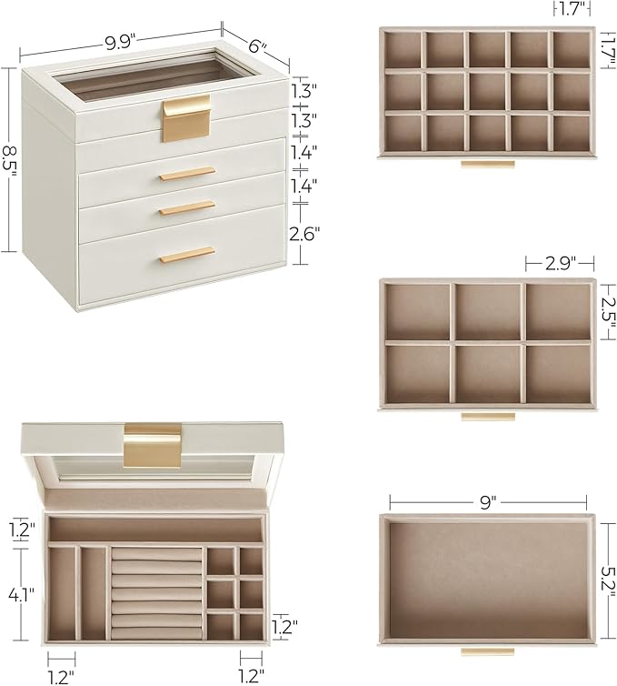 SONGMICS Jewelry Box Organizer with Glass Lid, 4-Layer Jewelry Storage, with 3 Drawers, Modern Style, 6 x 9.9 x 8.5 Inches, Cloud White and Gold Color UJBC161W01