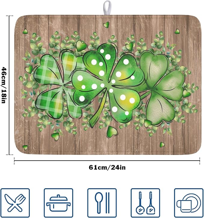Wnoesat St Patricks Day Wooden Plank Texture Shamrock Dish Drying Mat St Patrick Eucalyptus Leaves Clover Dish Drying Pad for Kitchen Counter Absorbent Microfiber Dishes Drainer Rack Mats 18x24 Inch