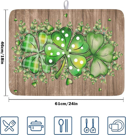 Wnoesat St Patricks Day Wooden Plank Texture Shamrock Dish Drying Mat St Patrick Eucalyptus Leaves Clover Dish Drying Pad for Kitchen Counter Absorbent Microfiber Dishes Drainer Rack Mats 18x24 Inch