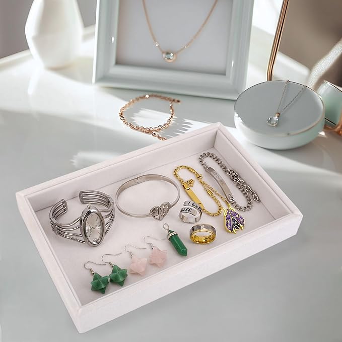 Mornajina 2 Pcs 9" x 5.7" Velvet Jewelry Tray Jewelry Display Tray, Stackable Empty Plate Trays for Earrings Necklaces Bracelet Rings Display Showcase - Beige