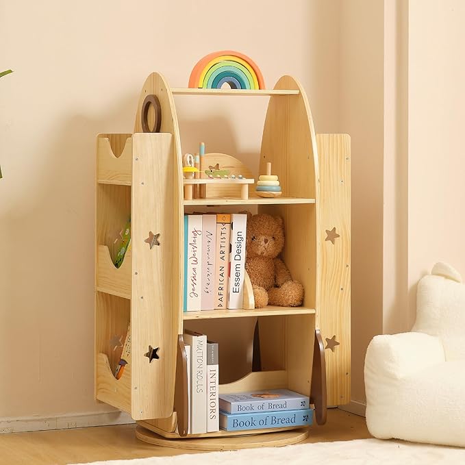 OOOK Rocket Rotating Bookshelf for Kids, 360 Display Spinning Bookshelf Tower with Large Capacity Design, Montessori Toy Shelf for Kids Rooms, Classroom, Play Room