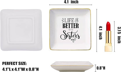 Life Is Better With Sisters - Ceramic Jewelry Holder Ring Dish Trinket Tray - Birthday, Christmas, Anniversary & Valentine Gift for Her & Sister-in-Law