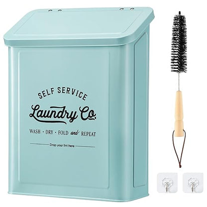 Magnetic Lint Bin for Laundry Room, Metal Trash Can with Lid for Dryer, Farmhouse Lint Holder, Laundry Co Sign, Laundry Room Storage Decor with Dryer Lint Brush (Mint)