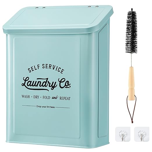 Magnetic Lint Bin for Laundry Room, Metal Trash Can with Lid for Dryer, Farmhouse Lint Holder, Laundry Co Sign, Laundry Room Storage Decor with Dryer Lint Brush (Mint)