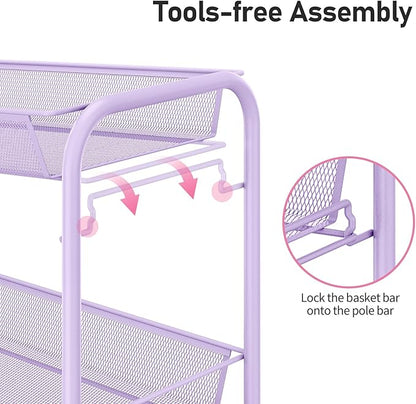 TOOLF 3-Tier Metal Rolling Cart, Mesh Wire Easy Assemble Utility Cart, Storage Trolley on Wheels with 3 Hooks, MetalStorage Shelving Units for Kitchen Bathroom Laundry Room