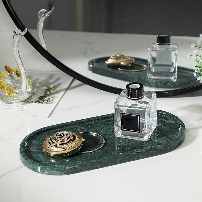 Faticdorr Green Marble Tray, 2 Pcs, Marble Vanity Tray, Bathroom, Decor for Trinket Perfume Jewelry Candle, 12 Inch Oval